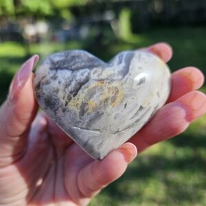 Beautiful hand carved 70g Crazy Lace Agate Crystal heart carving/ palmstone